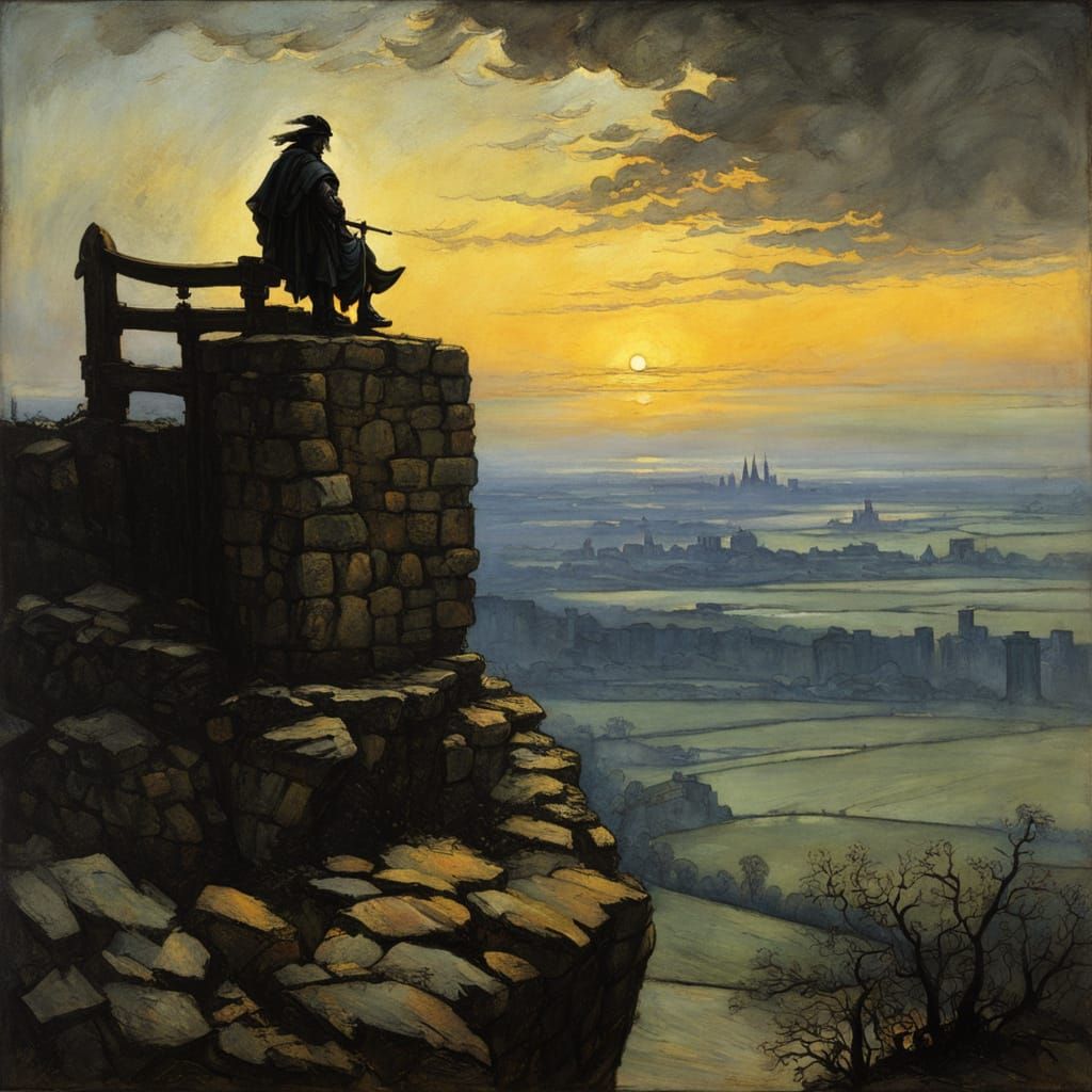 Medieval Castle at Dawn in Vibrant Chiaroscuro