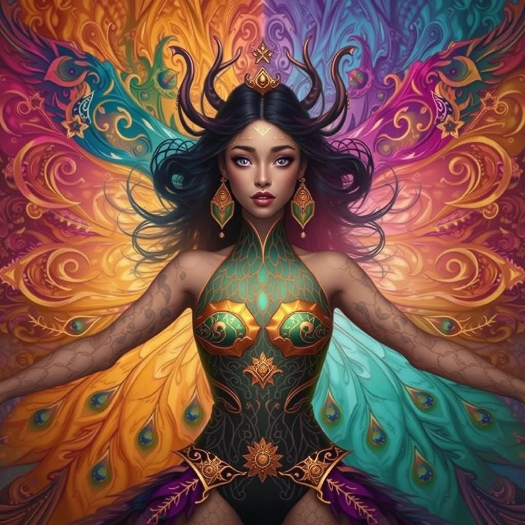 Dragon Peacock Woman in Abstract Expressionist Style