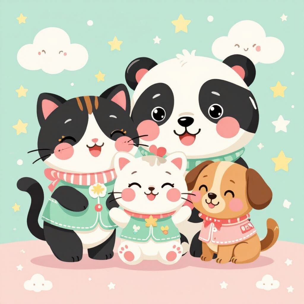 Kawaii Animals Playing on Pastel Background