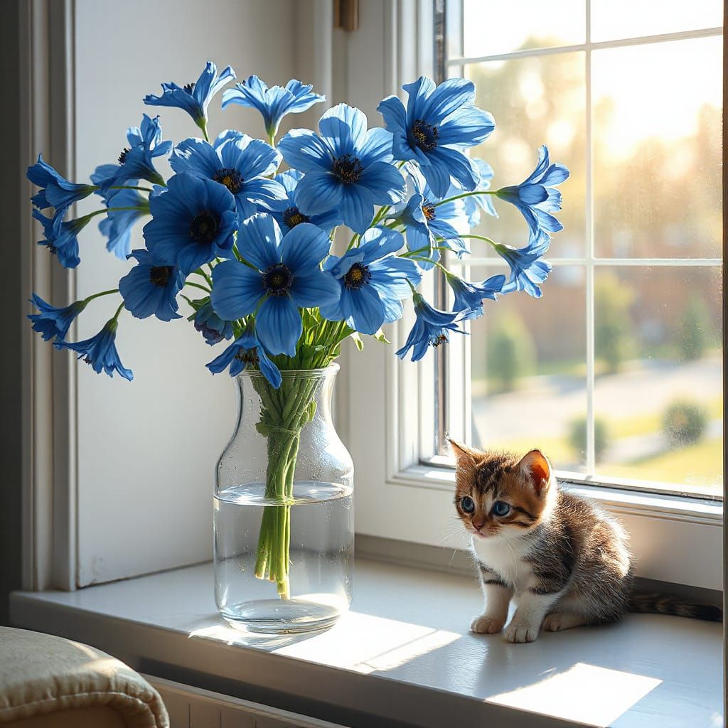 Blue Flowers Vase Kitten on Windowsill 3D Rendered Painting