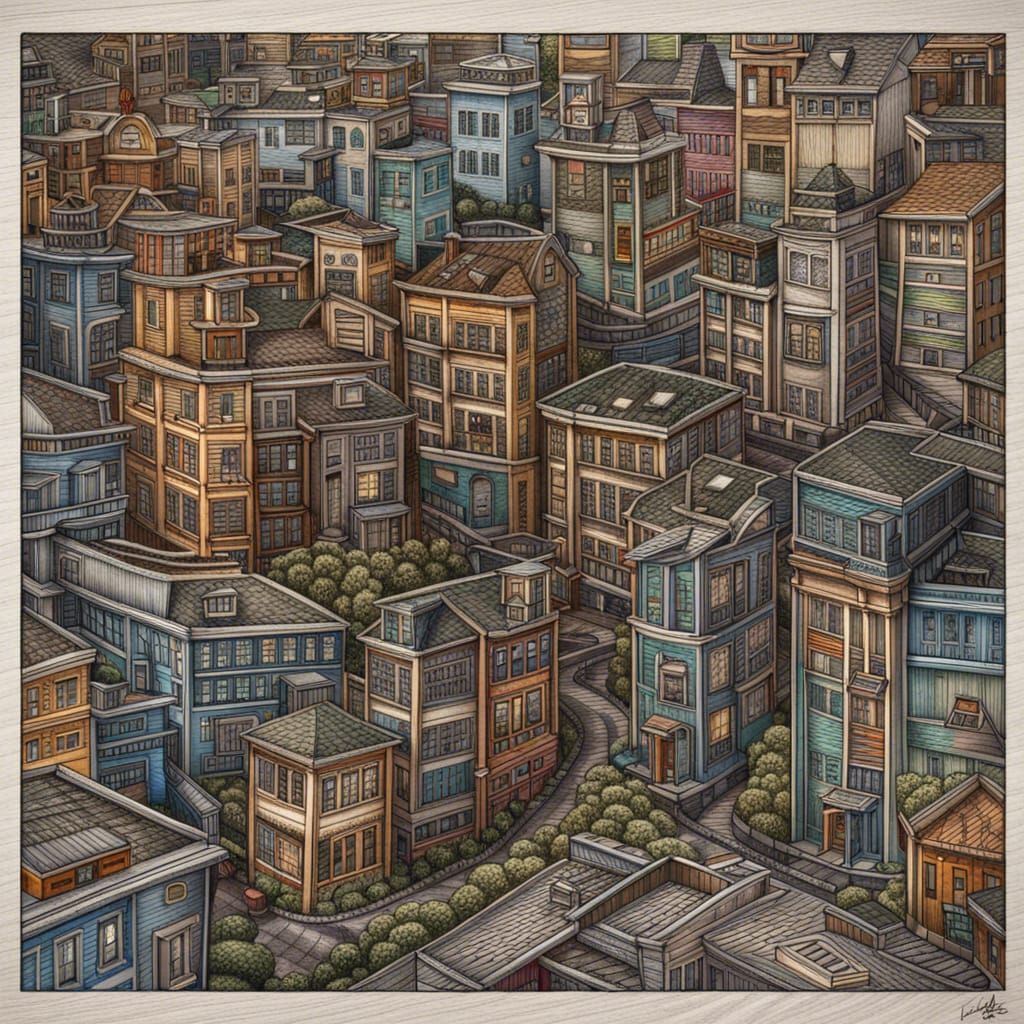 Hyperrealistic Colored Pencil Cityscape Maze