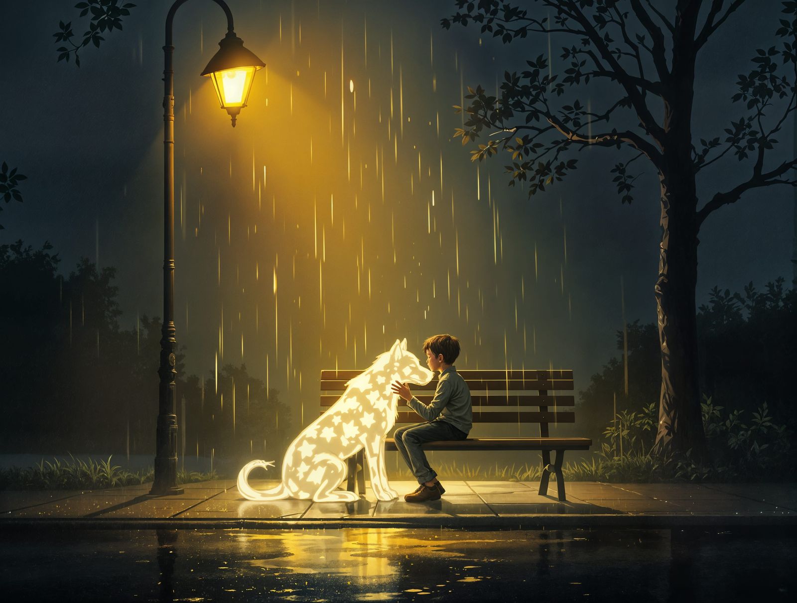 A Young Boy Finds Comfort in the Glow of a Street Lamp