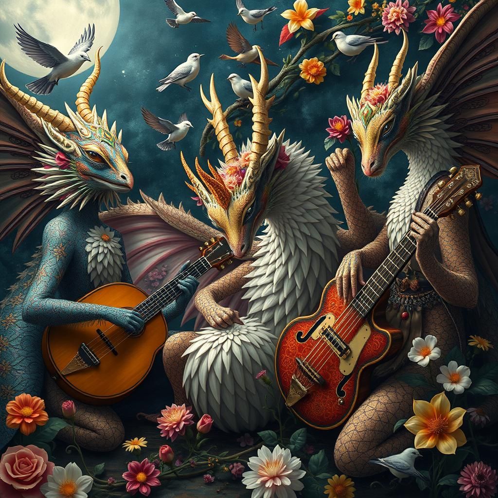 Mythical Ragtime Band in Vivid Gouache Painting