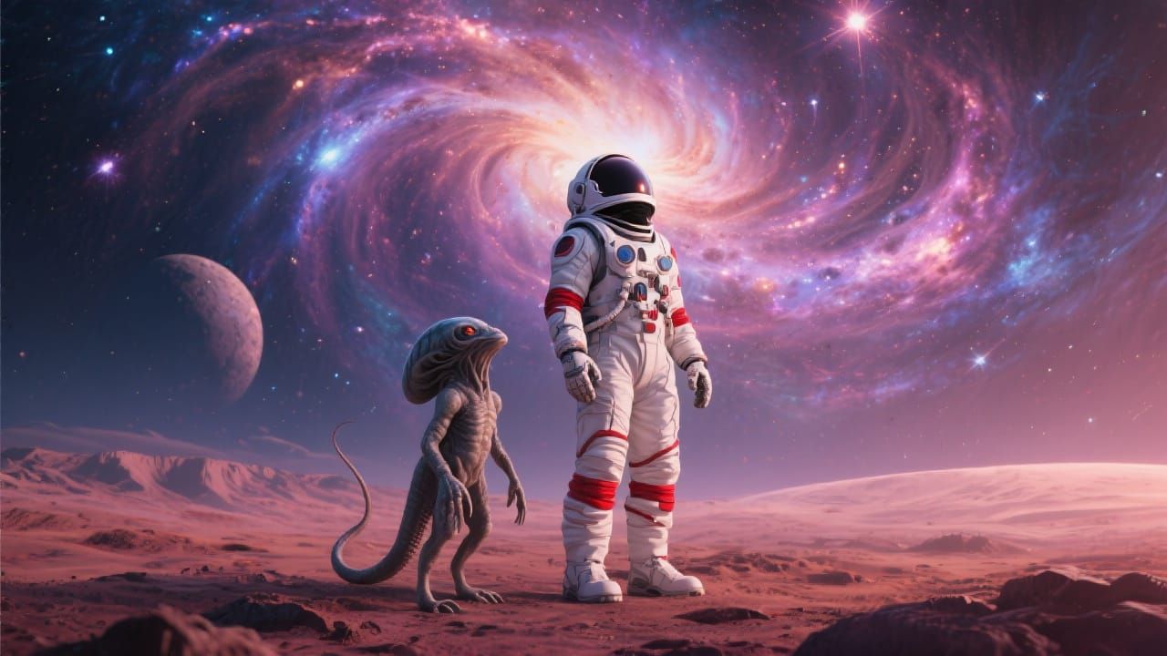 Astronaut and Alien Gazing at Cosmic Nebulae