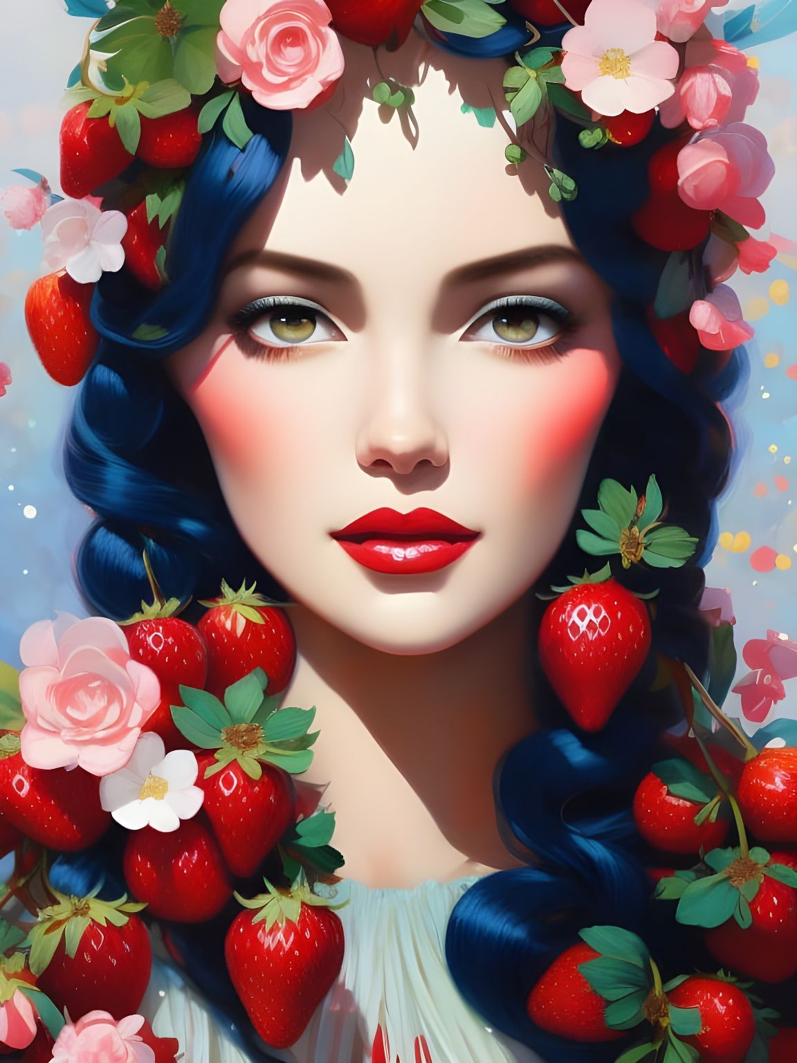 Snow White and Strawberries: A Gouache Painting