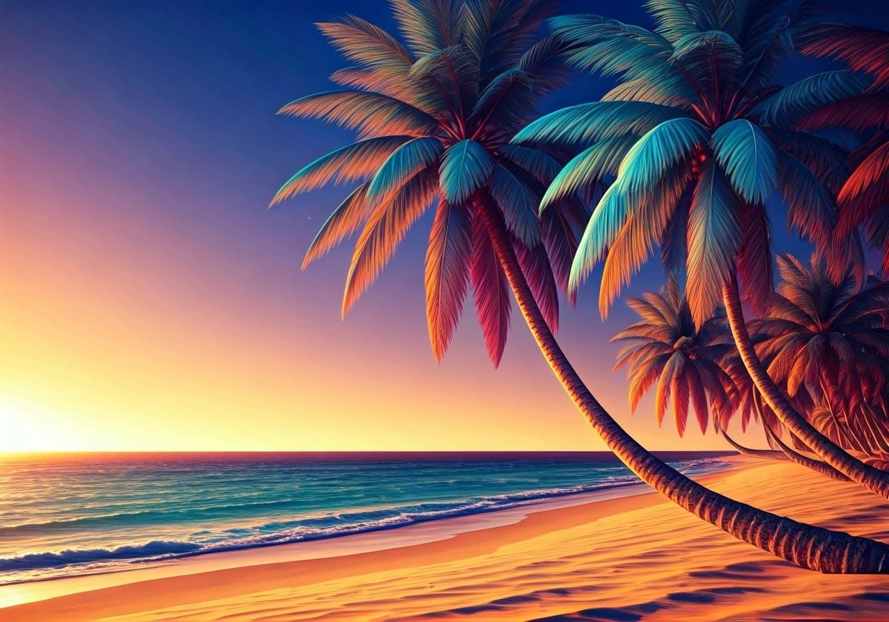 Iridescent Palm Trees on a Sun-Kissed Beach
