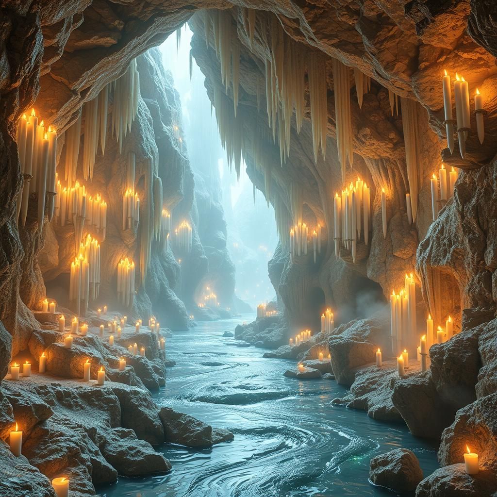 Glittering Crystal Cave with River and Candlelight
