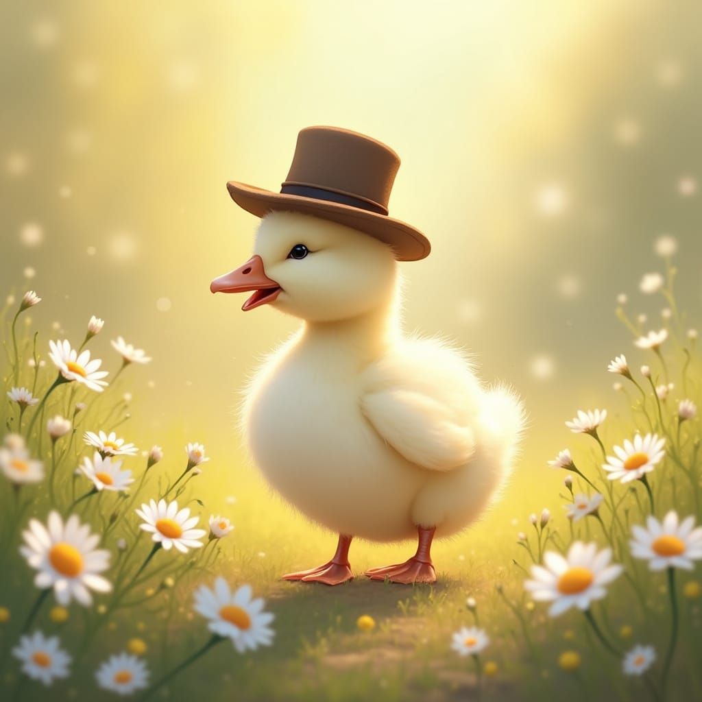 Duckling in Top Hat Waddles Through Daisies