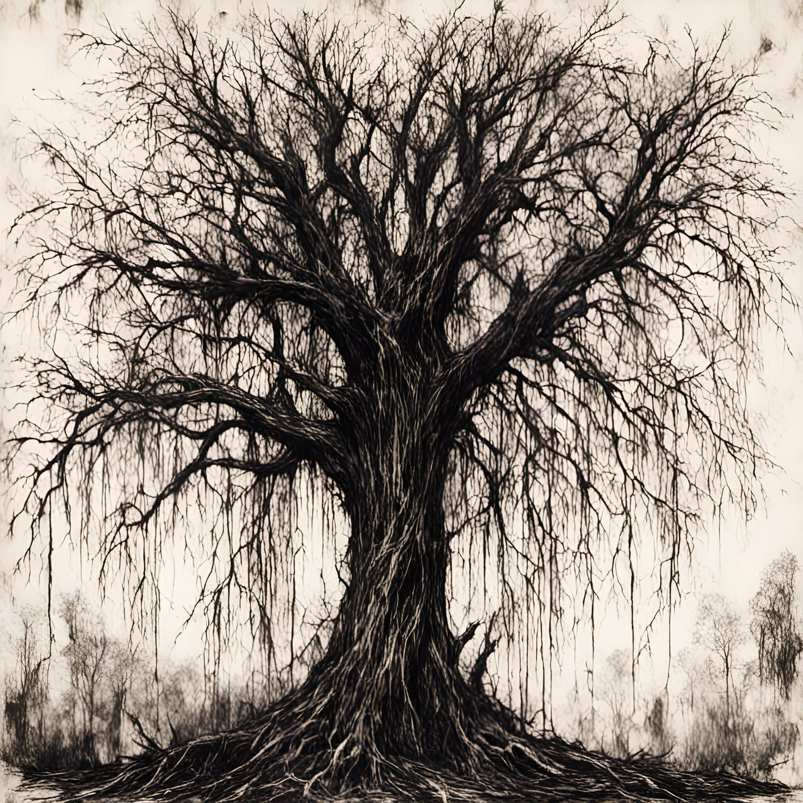 Willow Tree Ink Drawing with Pyrography Effect