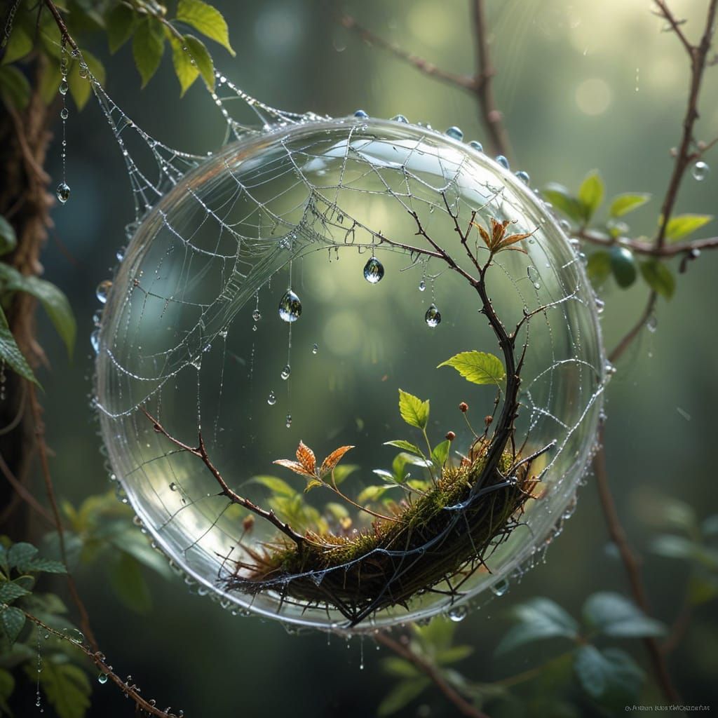 Dewdrop Reflecting Forest: Hyperrealistic Macro Photography