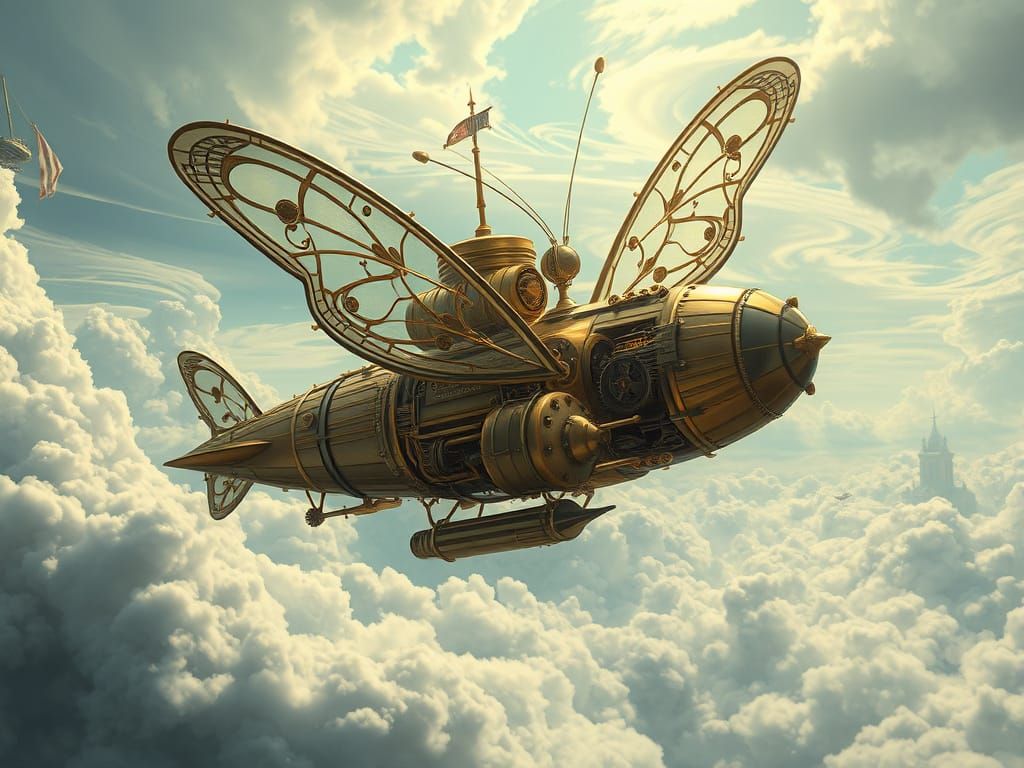 Steampunk Butterfly Airship Soaring Through Fantasy Skies