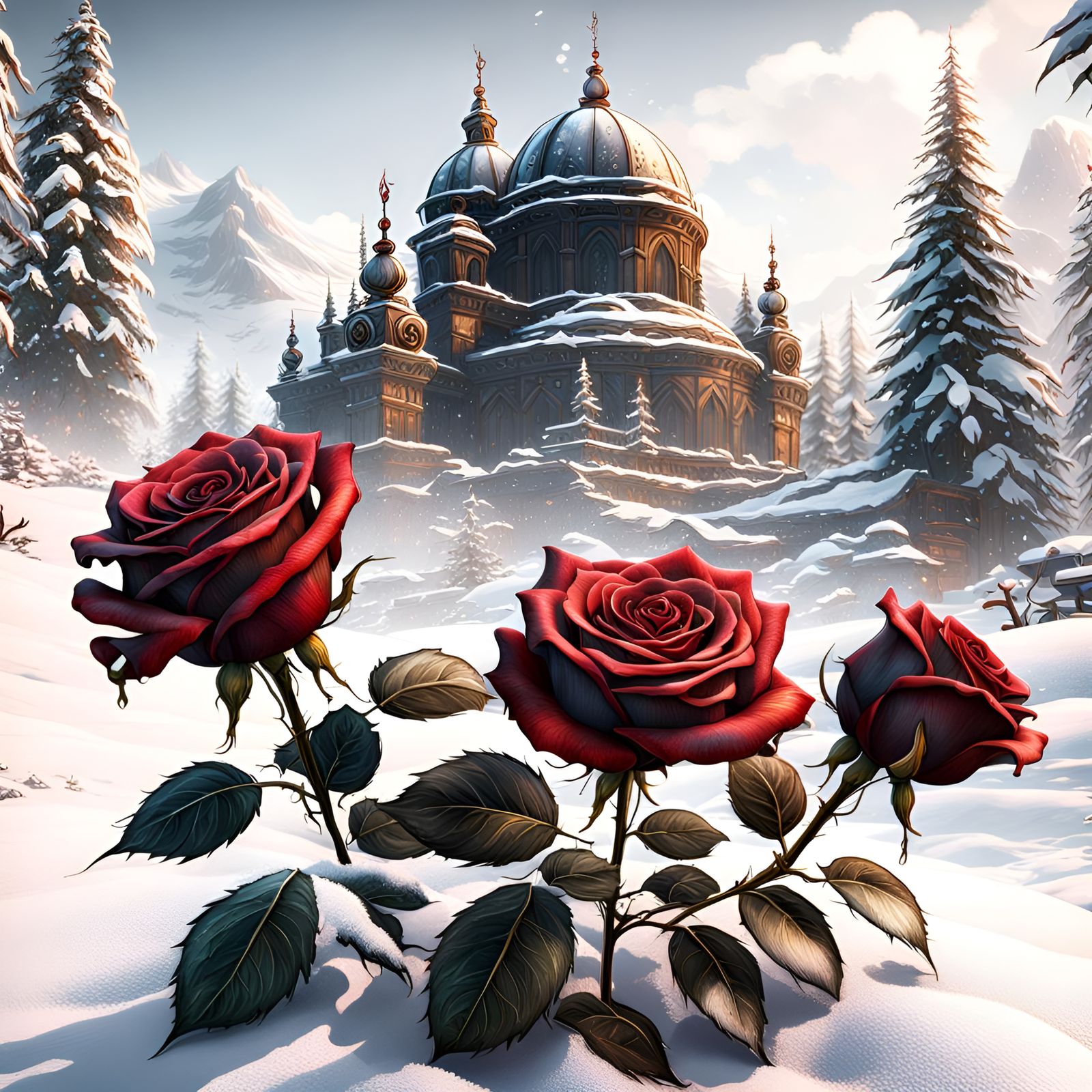 Red Roses in Snow: Detailed Matte Painting
