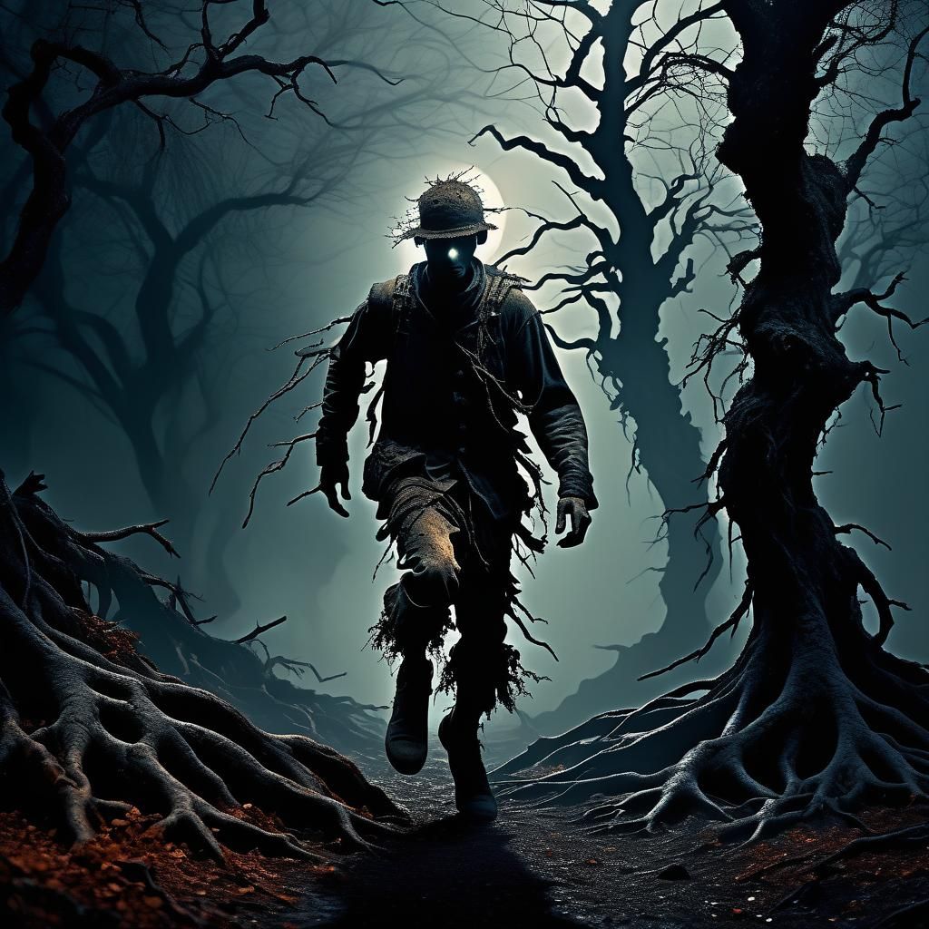 Hunter in Haunted Forest: Dark Surrealism Close-Up