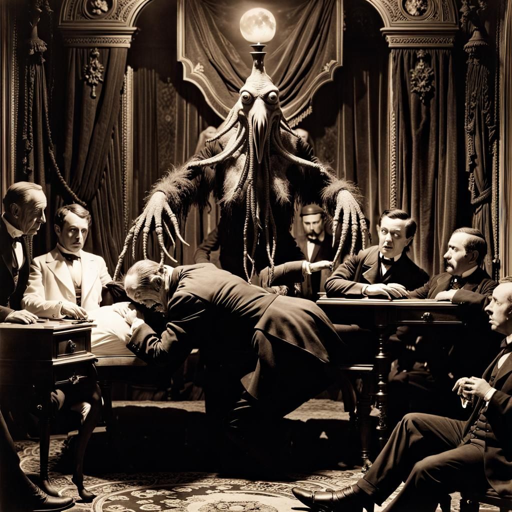Lovecraftian Monster Poses with Victorian Gentlemen