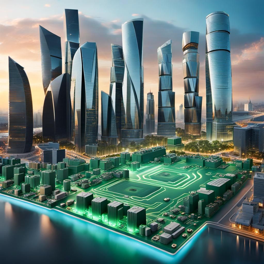 Moscow Cityscape Integrated Into Digital Circuit Board