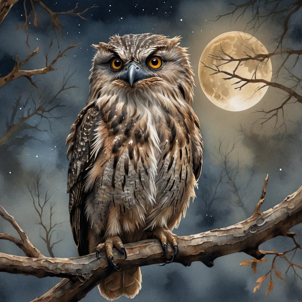 Tawny Frogmouth Perched in Moonlit Forest