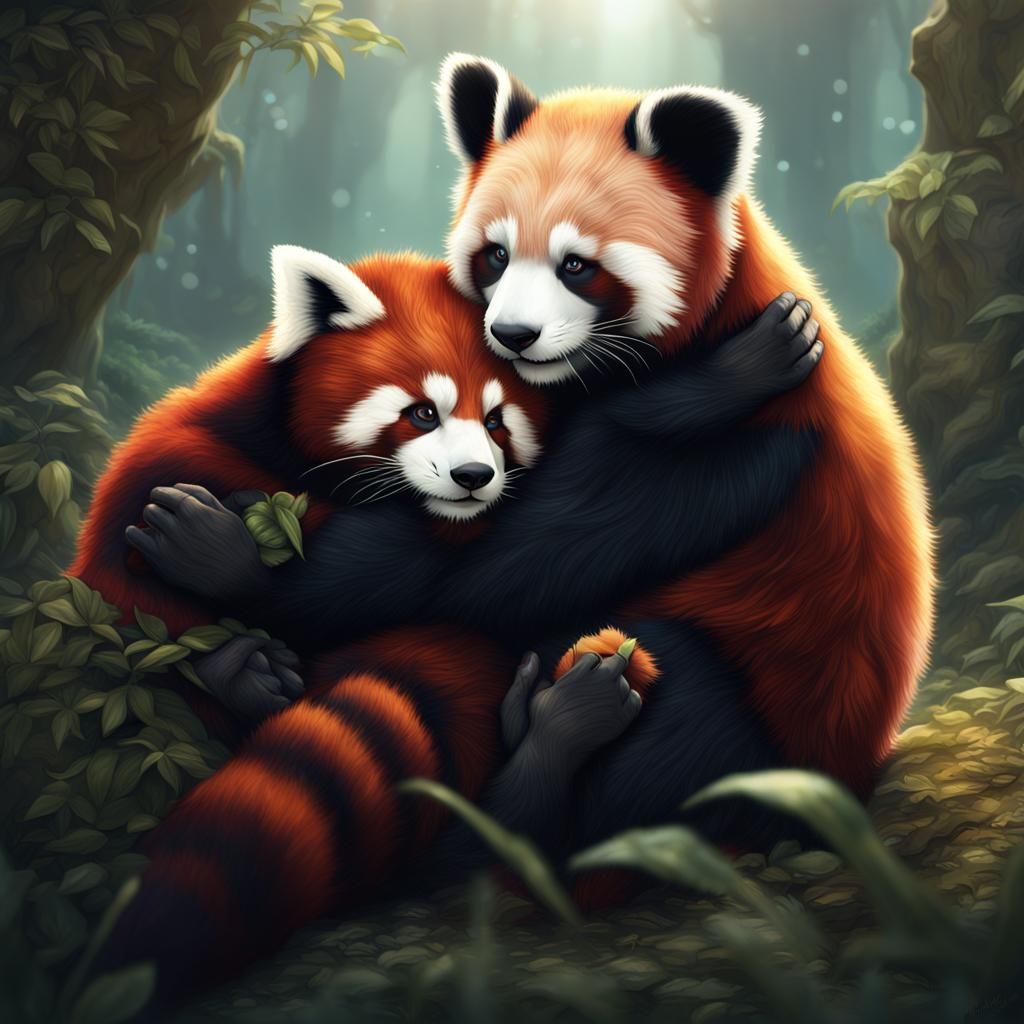 Panda Bear Hugging a Red Panda in Detailed Painting