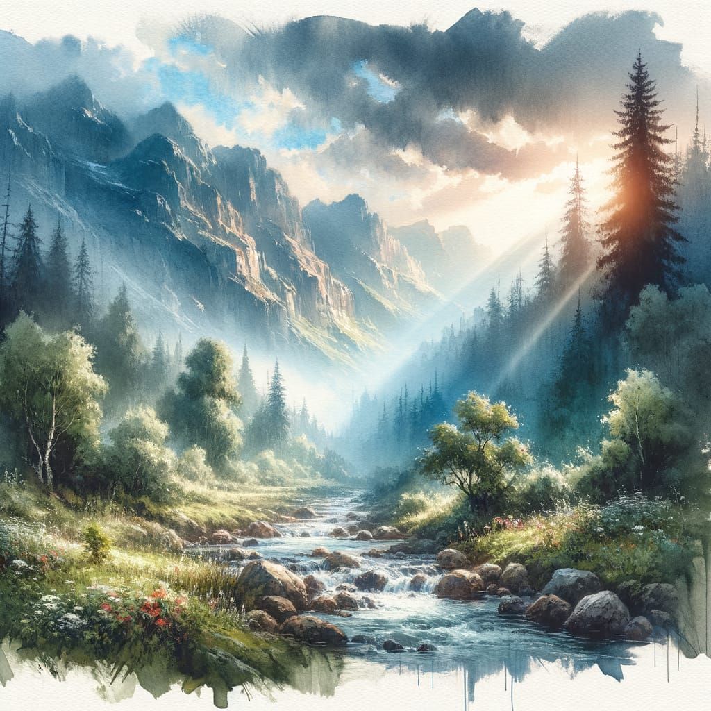 Tranquil Mountain Stream in Watercolor Landscape