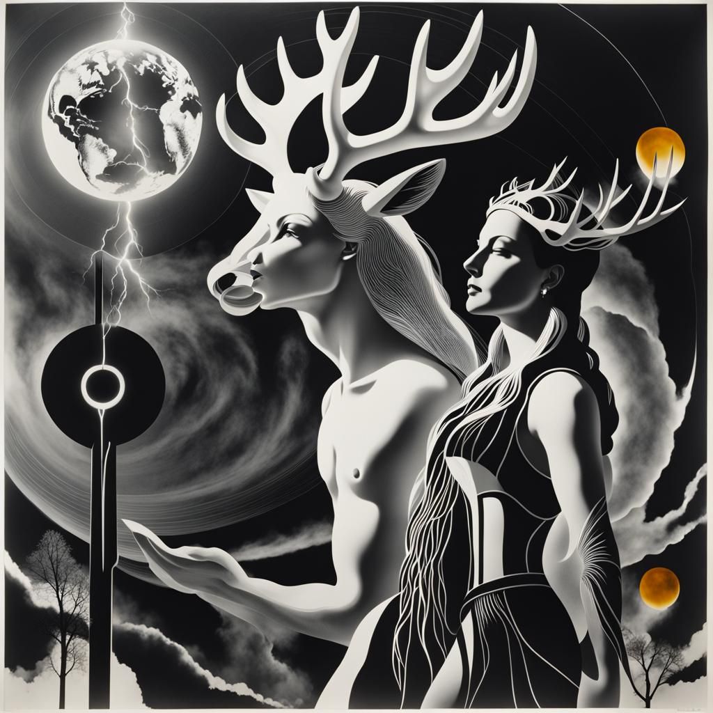 Monochrome Photogram of Antlered Man and Earth Goddess