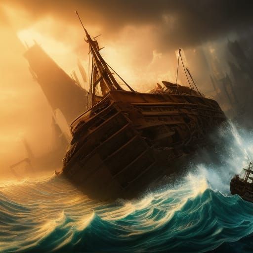Hyperrealistic Shipwreck Concept Art: Dramatic and Detailed