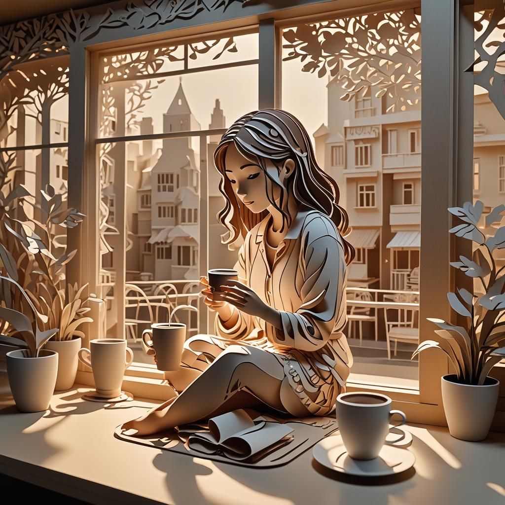 Kirigami Indoor scenes, girl sitting in front of window drin...