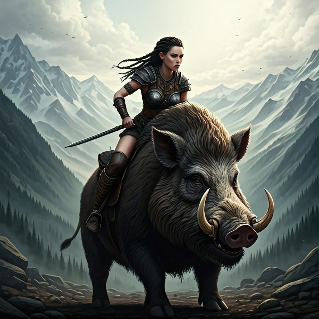 Fierce Warrior Rides Tusked Boar into Snowy Battle