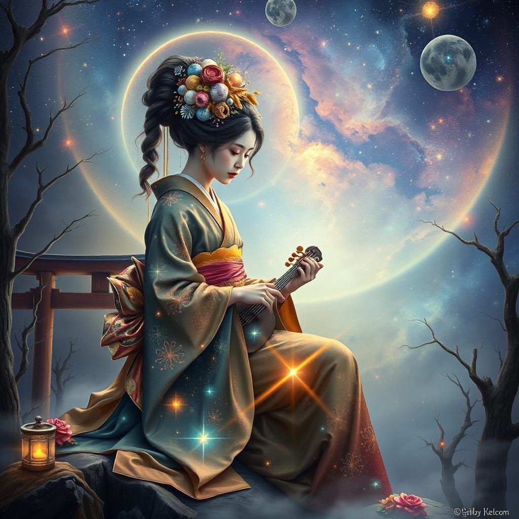 Celestial Geisha in Nebula Art Nouveau Style