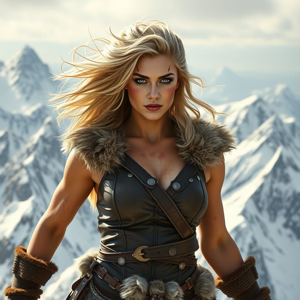 Valkyrie Warrior on Snow Mountain, Epic Scene