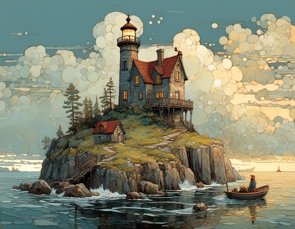 Lighthouse on Island with Cottages in Whimsical Style