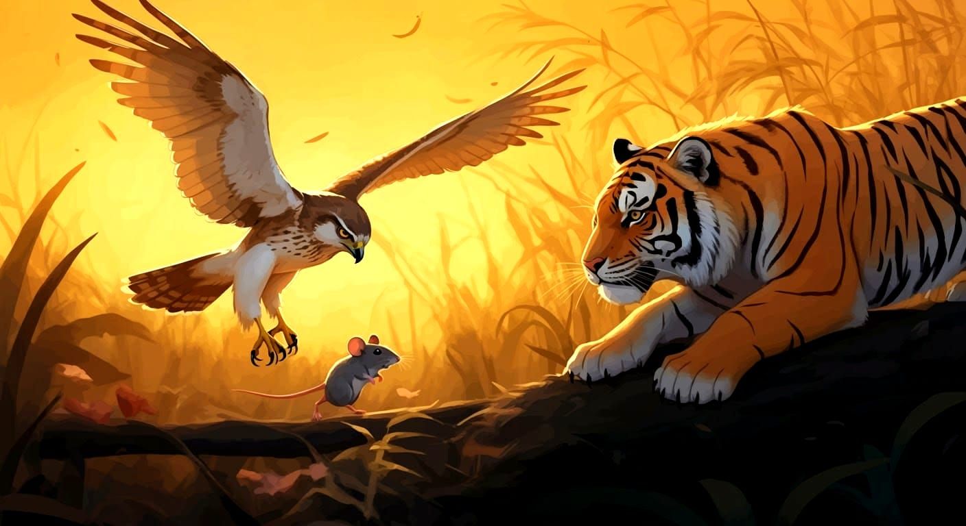 Hawk and Mouse Chase with Owl and Tiger in Anime Style