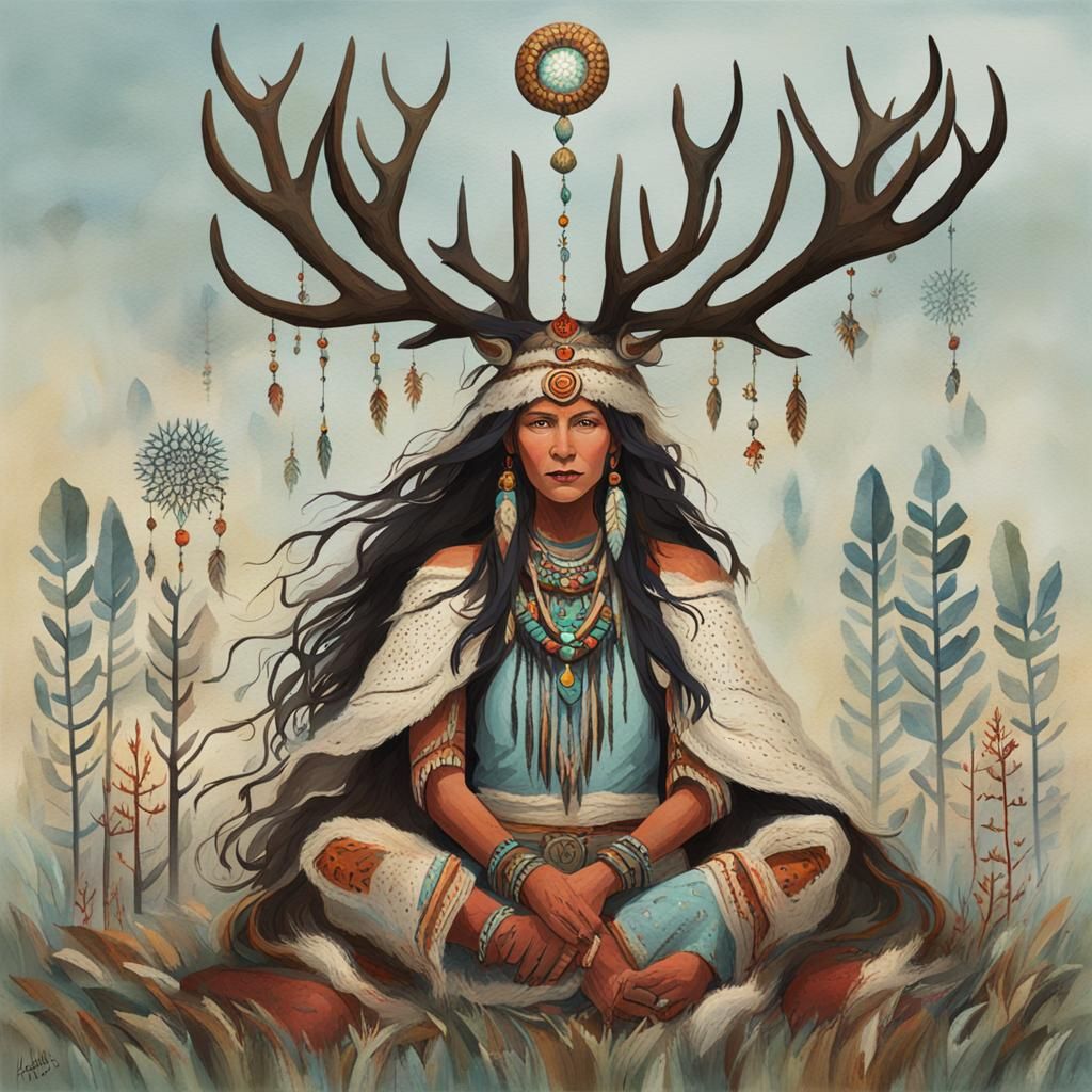 Antlered Shaman Woman Digital Art