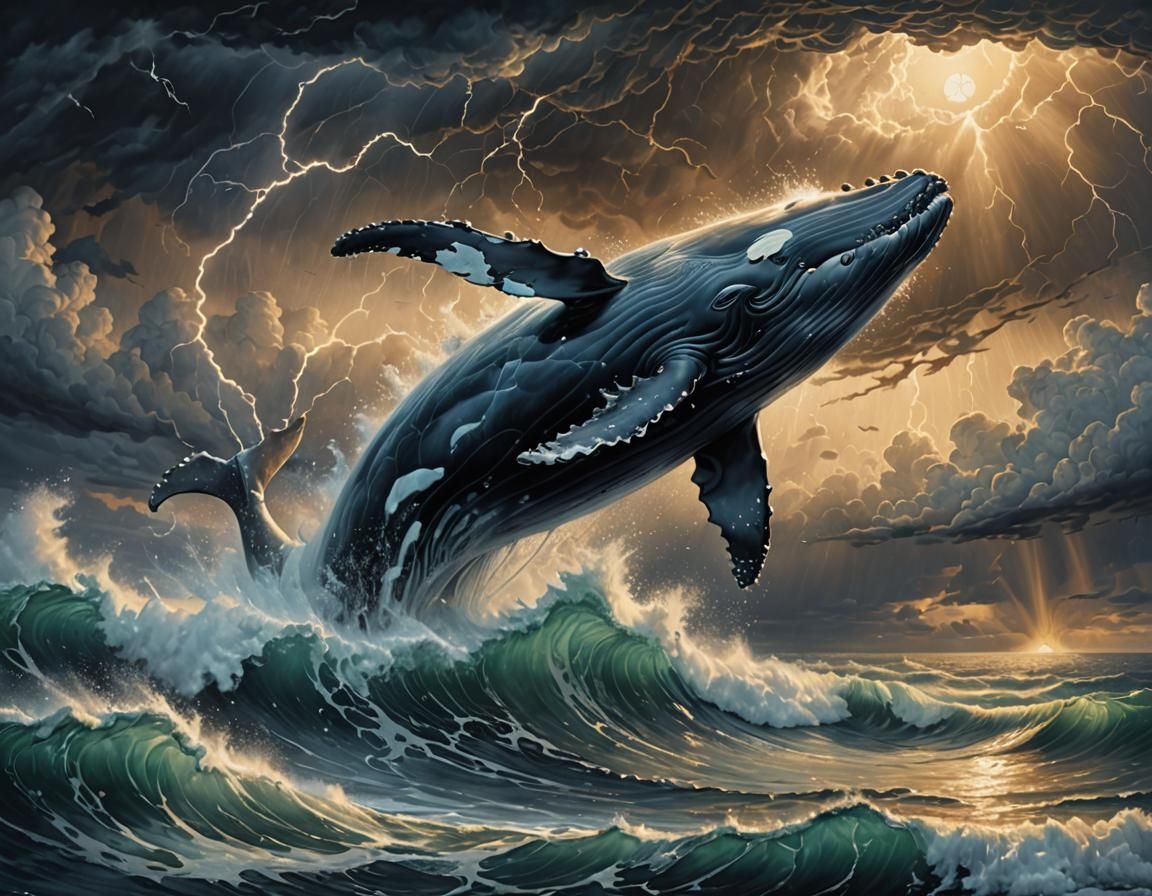 Whale Leaps from Waves in Romantic Style
