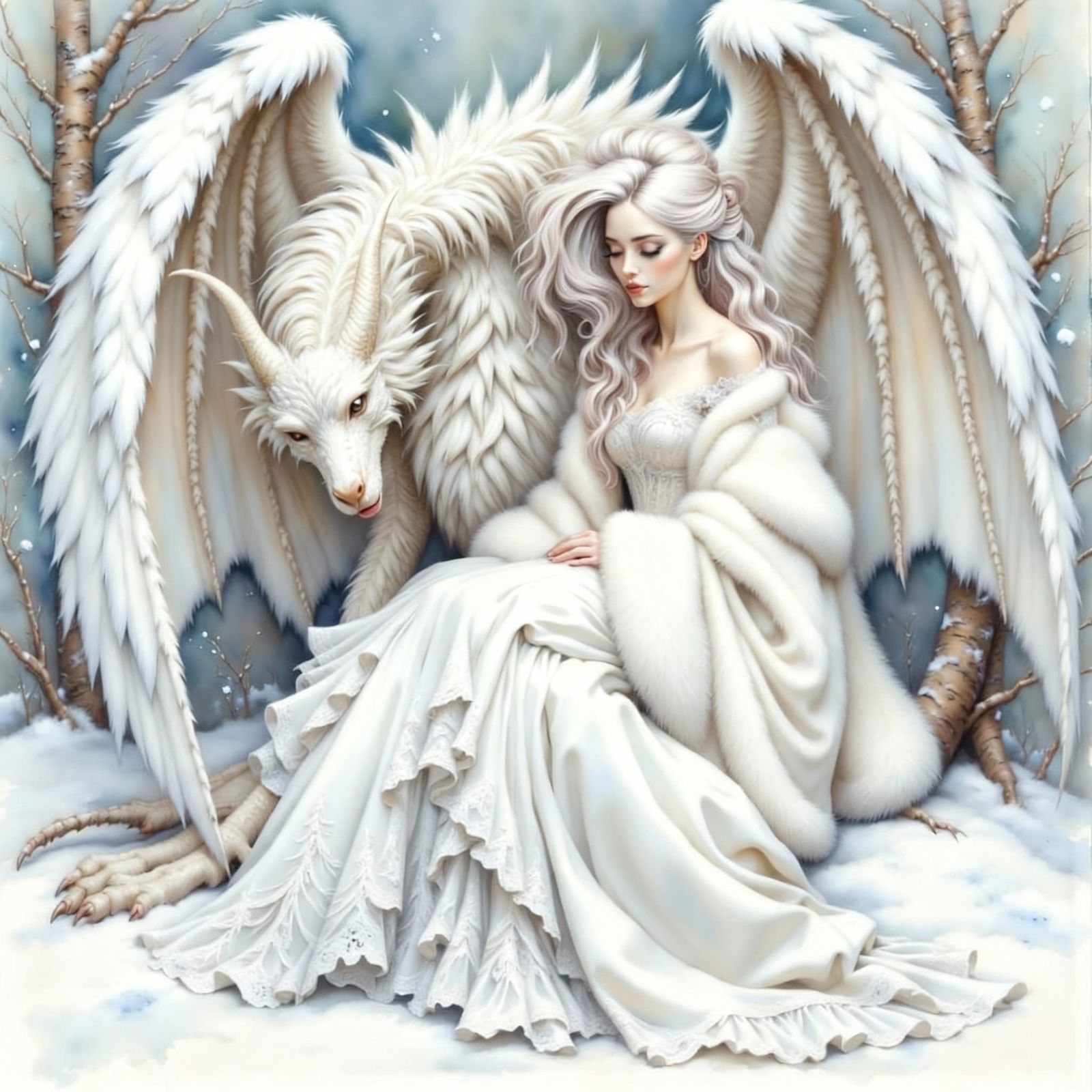 Woman in White Gown with Dragon in Winter Landscape