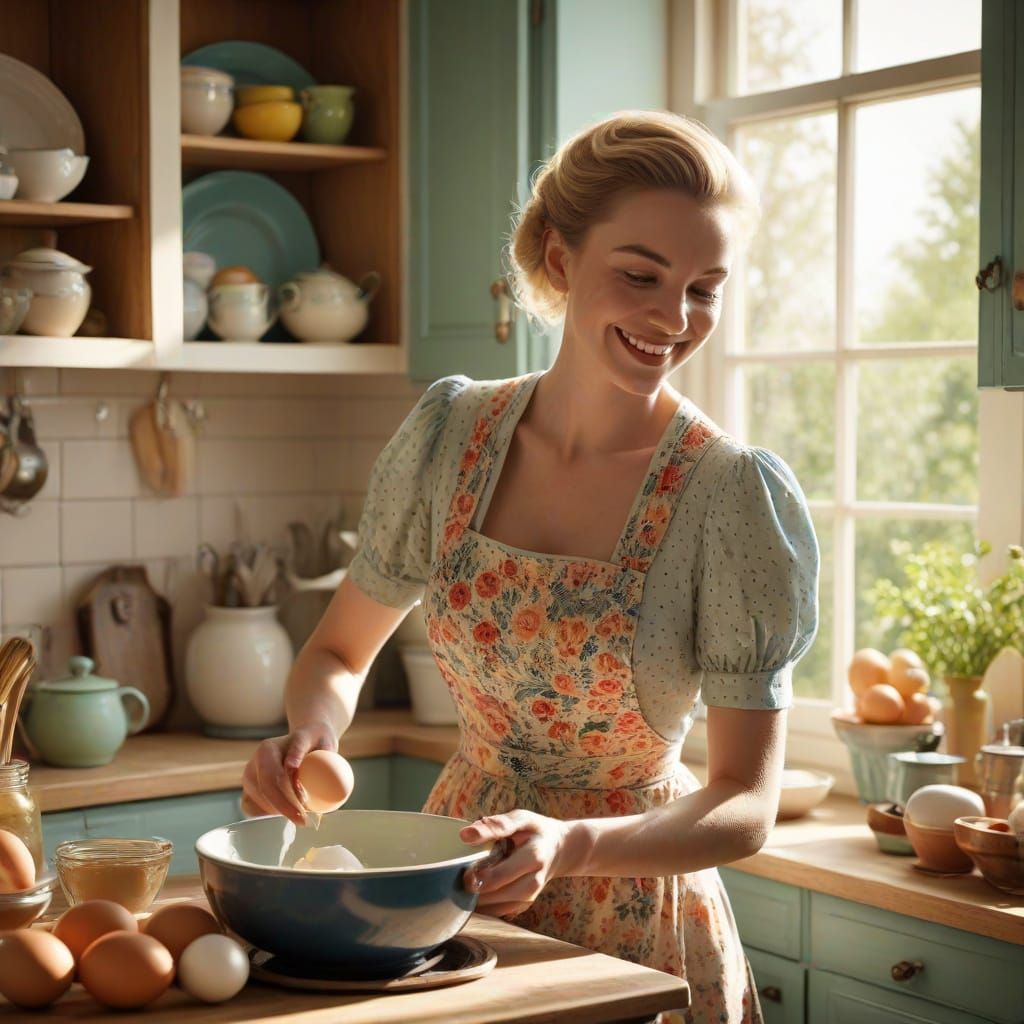 A Happy Homemaker Cracks Eggs in a Retro Kitchen