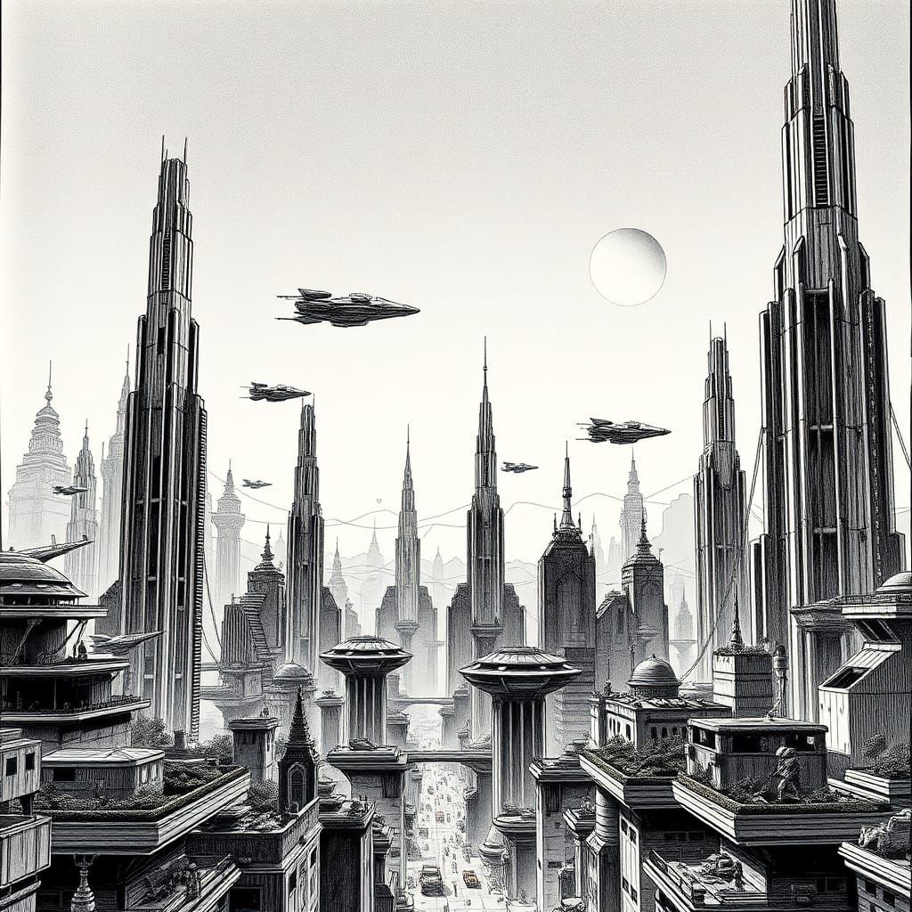 Metropolis on Distant Planet in Pen and Ink Style