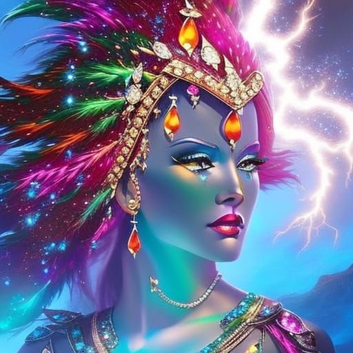 Jewel-Encrusted Lightning Goddess in Hyperrealistic Style