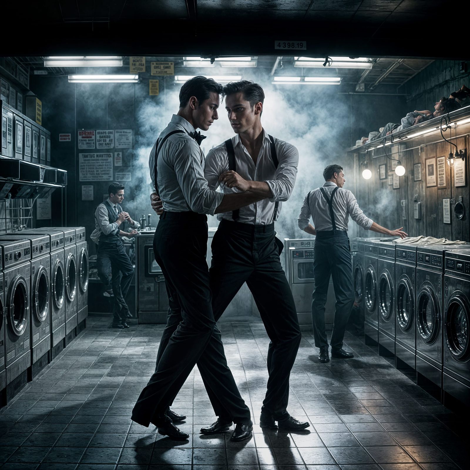Two Handsome Young Men Dance Argentine Tango in Vintage Laun...