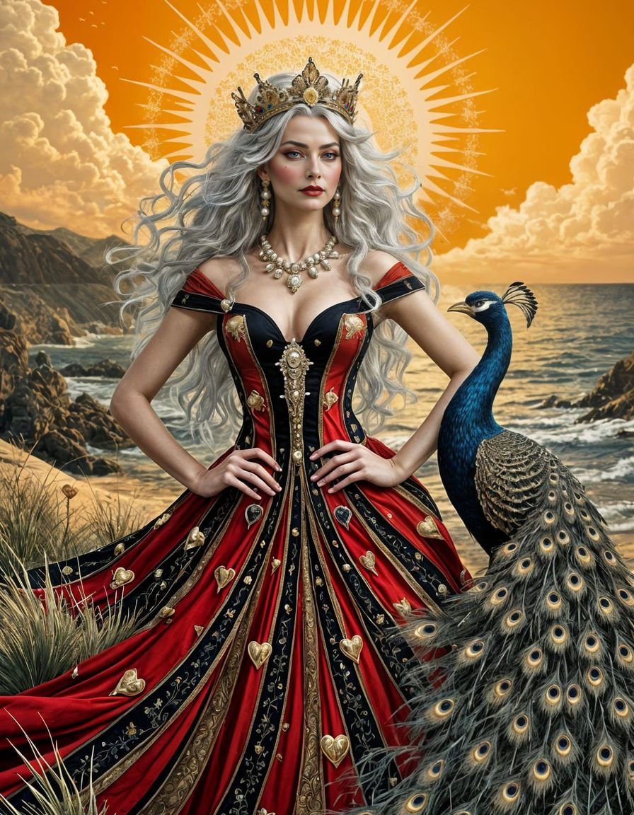 Regal Queen Amidst Sunset Elegance in Art Nouveau Style