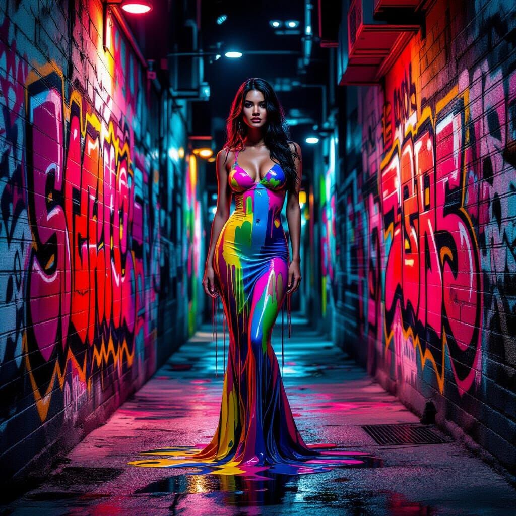Dripping Paint Woman In Neon Alleyway