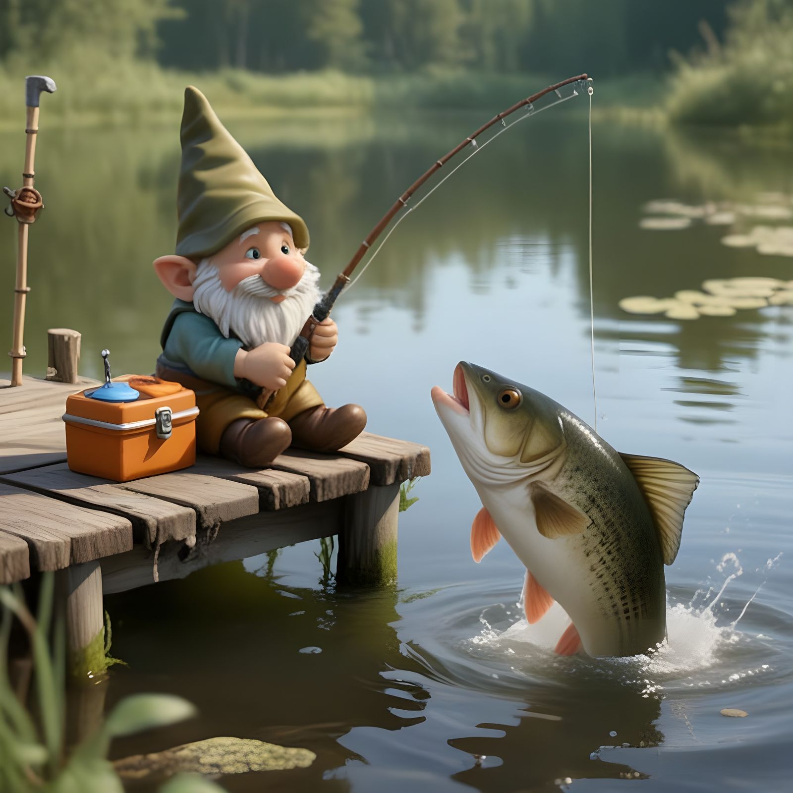 Cute Gnome Fisherman Meets Giant Fish on Rustic Dock