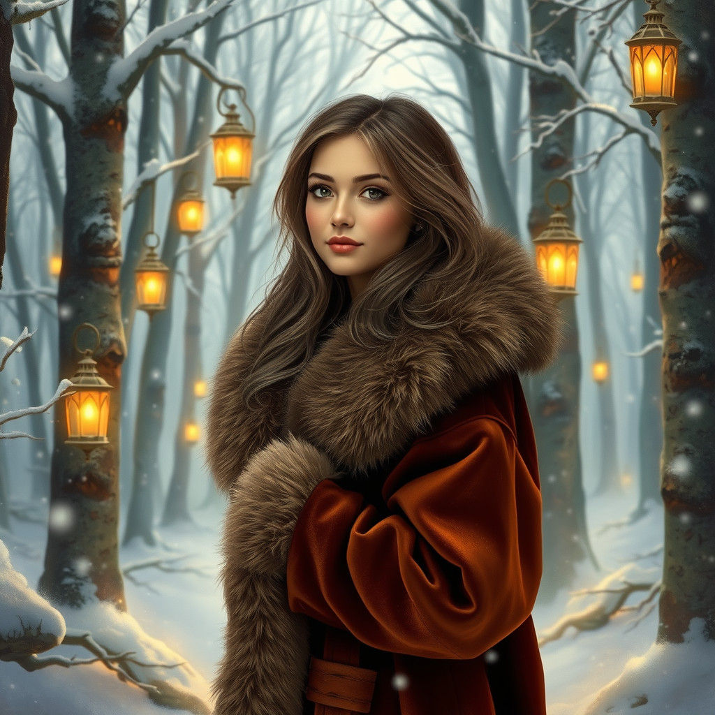 Enchanting Winter Scene with Woman in Snowy Forest