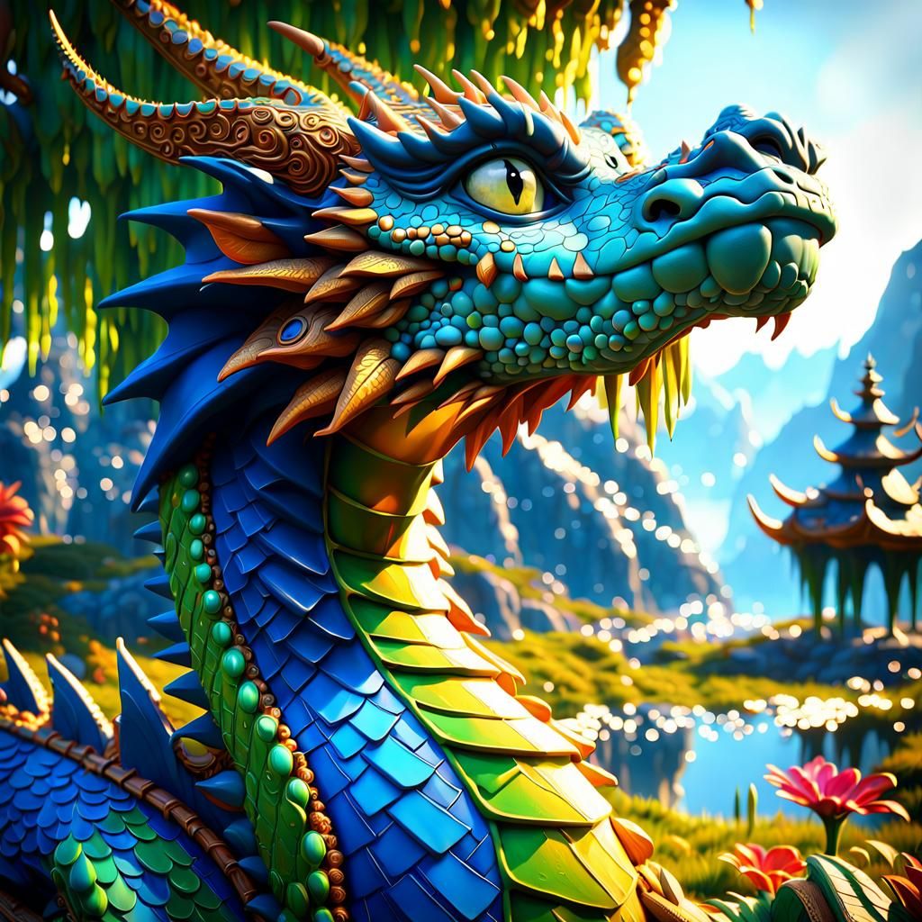 Anime Dragon Portrait in a Maximalist Fantasy Scene