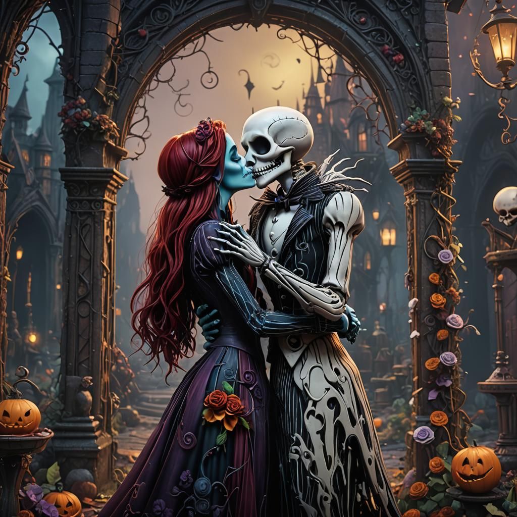 Jack and Sally Romantic Kiss: Detailed Matte Painting