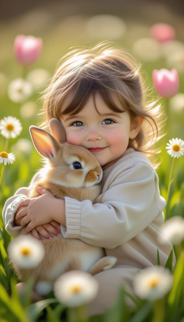 Child Hugs Fluffy Rabbit in Spring Meadow
