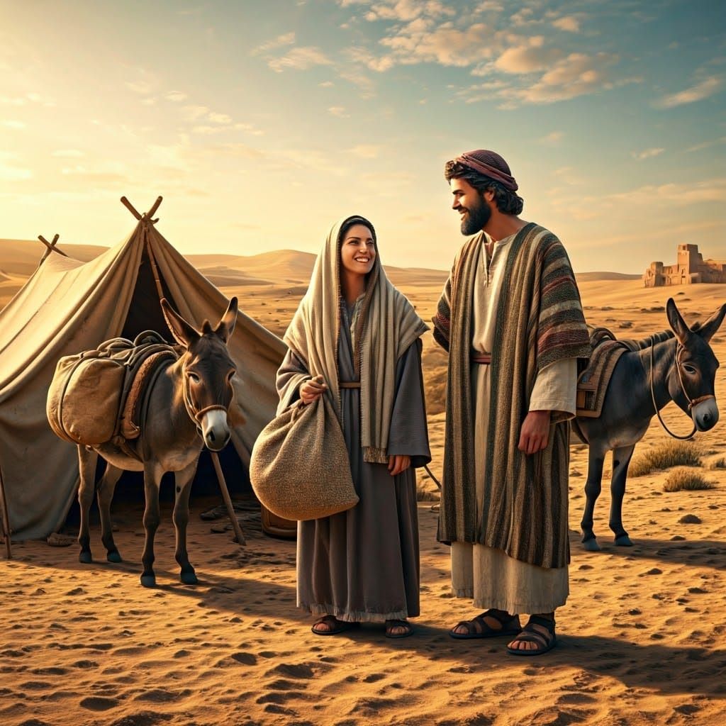 A family from biblical times in a tent with a sack on their shoulders and very happy near the tent Donkeys with many pac...