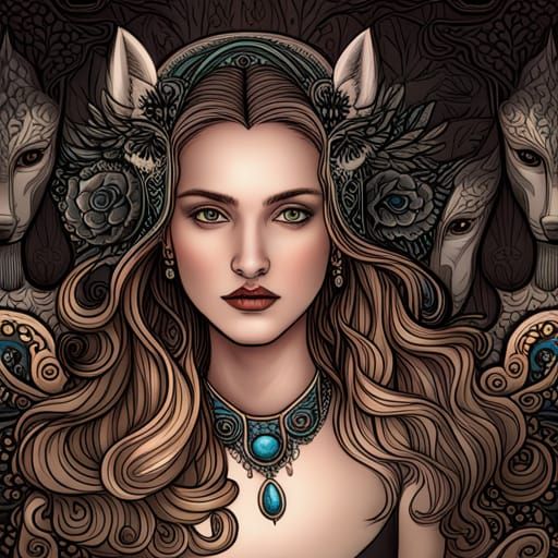 Gothic Wolf Woman Portrait with Full Moon