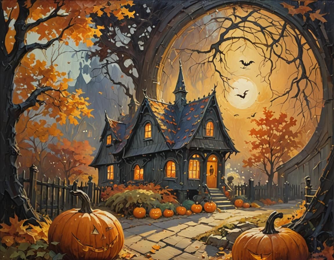 Child Witch at Spooky Doorstep: Impressionist Oil