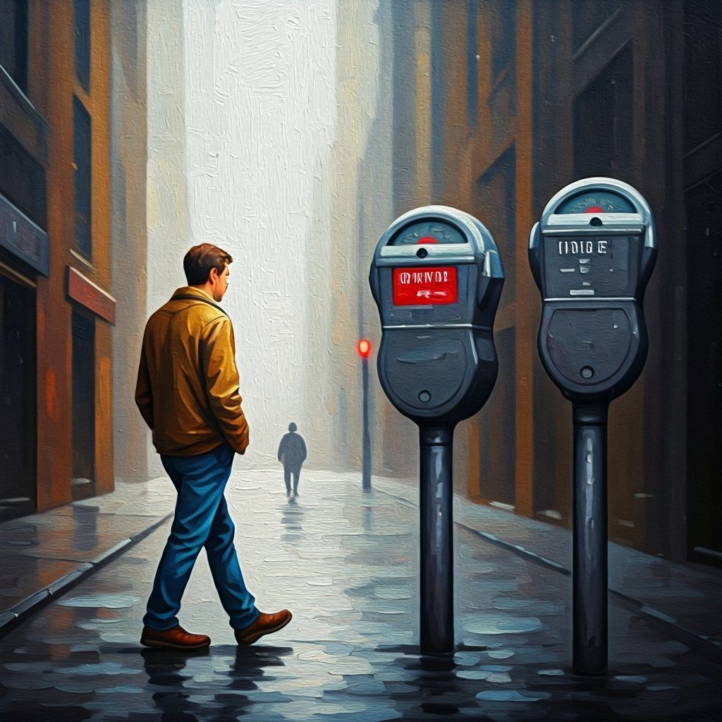 Impasto Painting of Man Walking Past Expiring Parking Meter