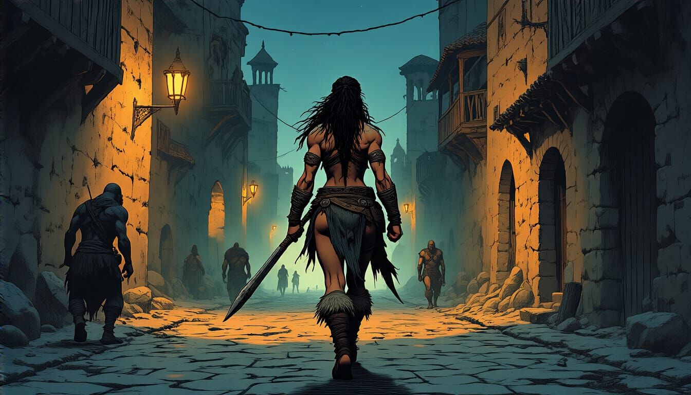 Amara the Barbarian Confronts Thieves in Hyborian City