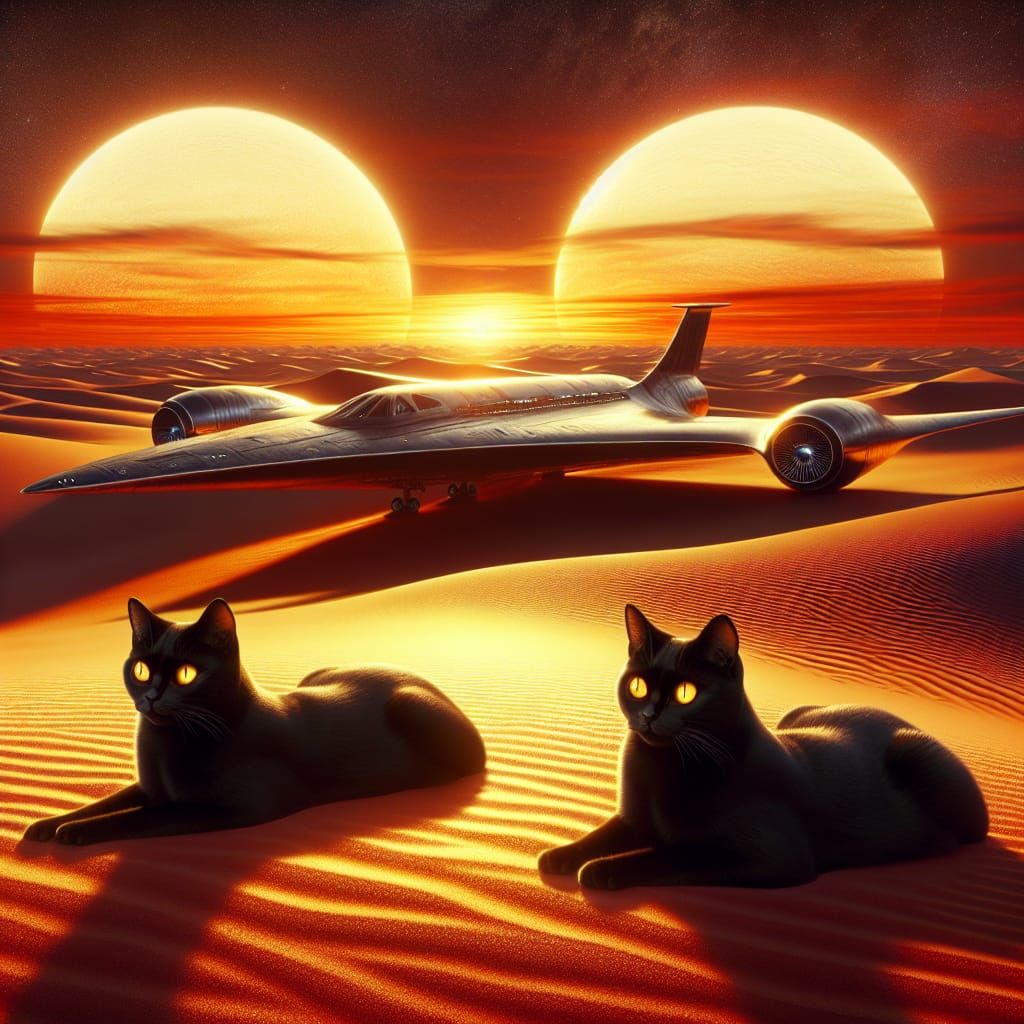 Cats on Alien Planet with Twin Sunset